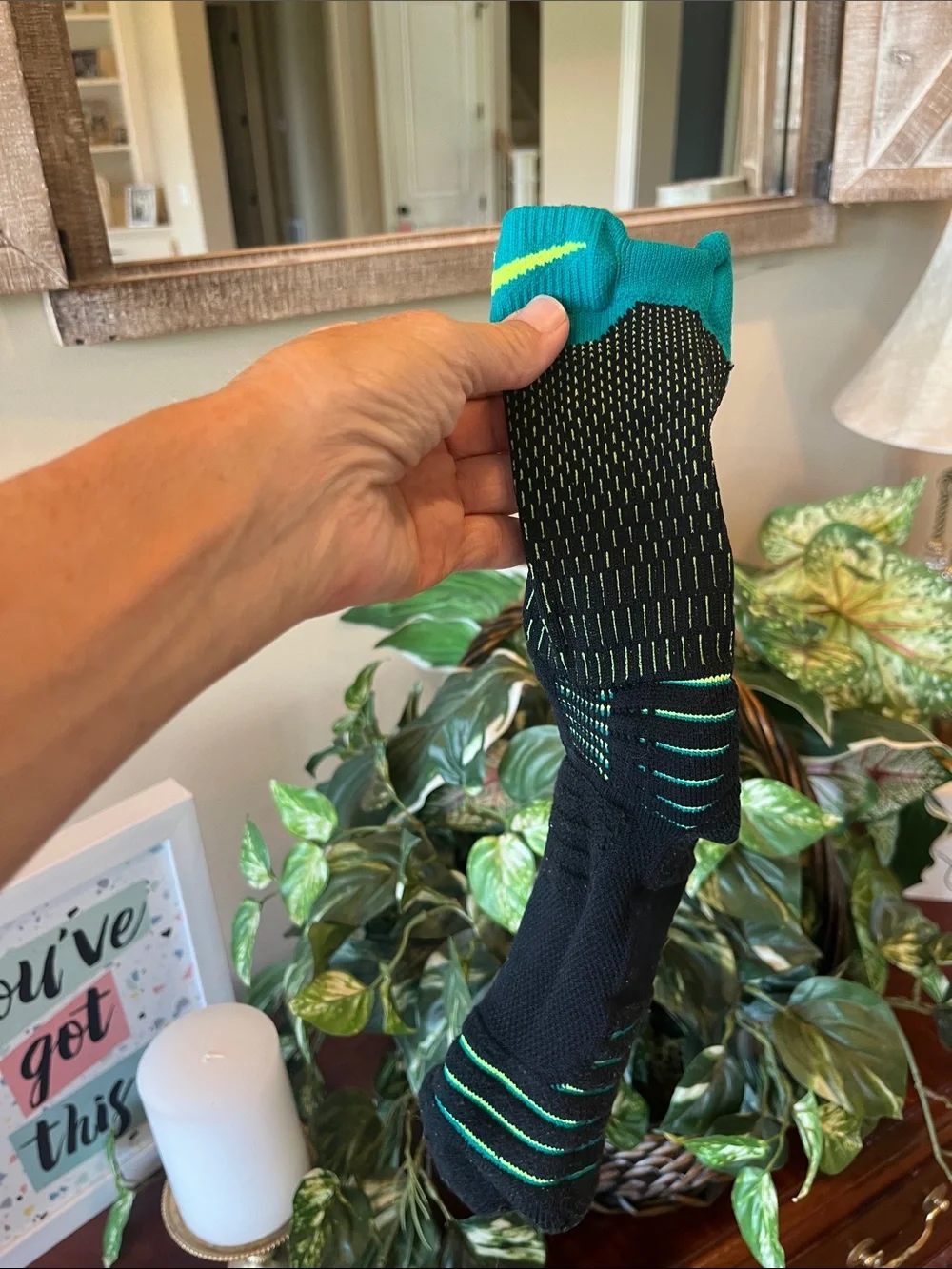 Nike Elite Performance Athletic Crew Black Socks with Teal Cuff and Neon Yellow
